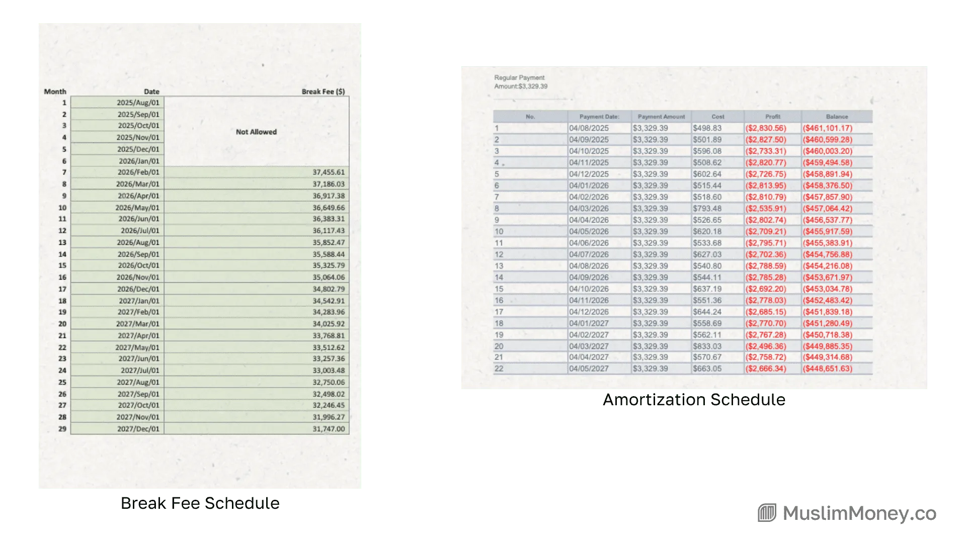 The community member was provided with two additional documents to reveal the month-to-month agreement for all 25 years. The Amortization Schedule (right) breaks down every payment into cost and profit, while the Break Fee Schedule (left) details the exact cost to exit the contract at any point.